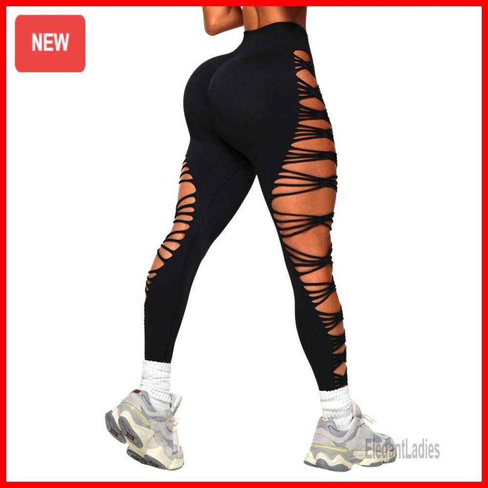 High Waist Ripped Leggings Seamless Workout Tights Tummy Control Yoga Pants